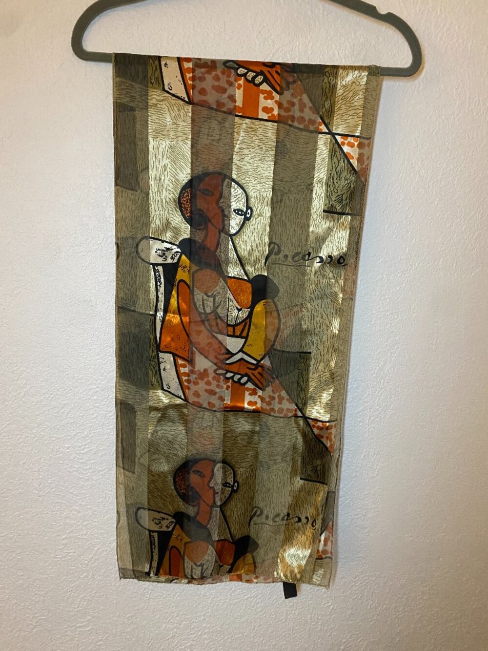 Vintage Picasso Print Scarf Cubist Art Silk Feel Gold Olive Rectangle 59x13